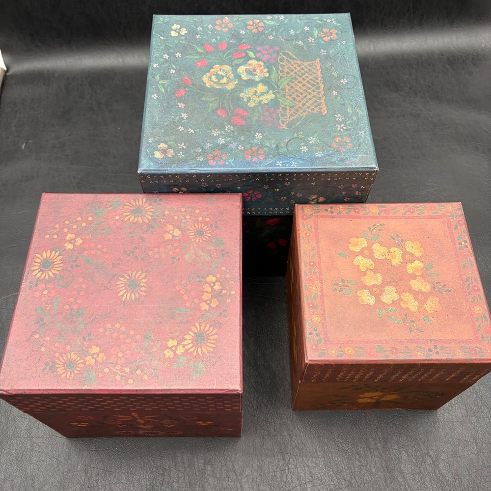 Bobs Boxes Primitive Organic Colors Nesting Storage Box Set 3 Floral Folk Art - Picture 2 of 6